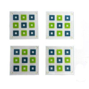 Glass Coasters With Green And Teal Squares Abstract Design Set Of 4
